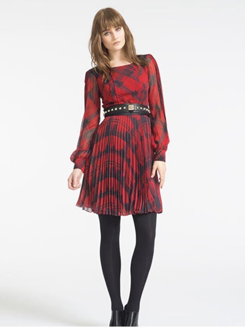 Karen Millen Red Plaid Long-Sleeve Pleated Silk Dress